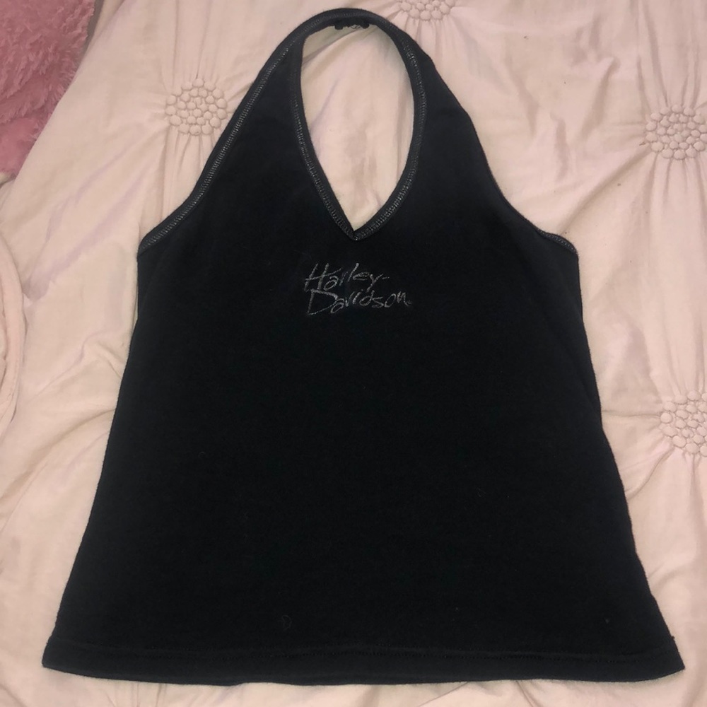 Harley Davidson Silver Thread Black Halter Top Large